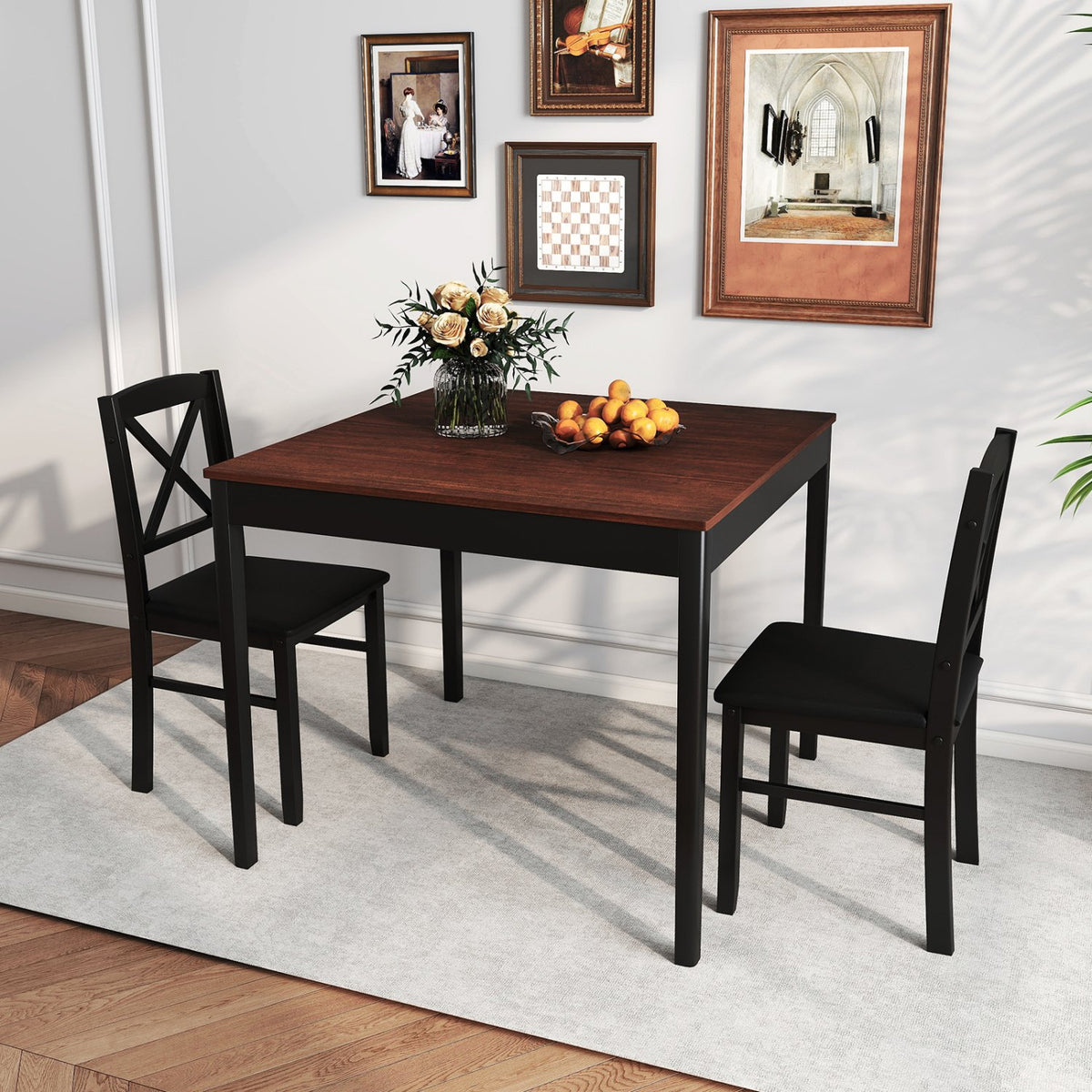 3-Piece Dining Table Set Wooden Square Kitchen Table for 2 People-Brown view 3