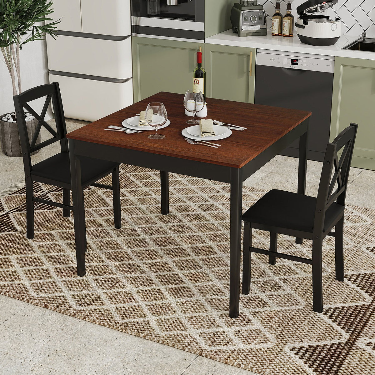 3-Piece Dining Table Set Wooden Square Kitchen Table for 2 People-Brown view 6