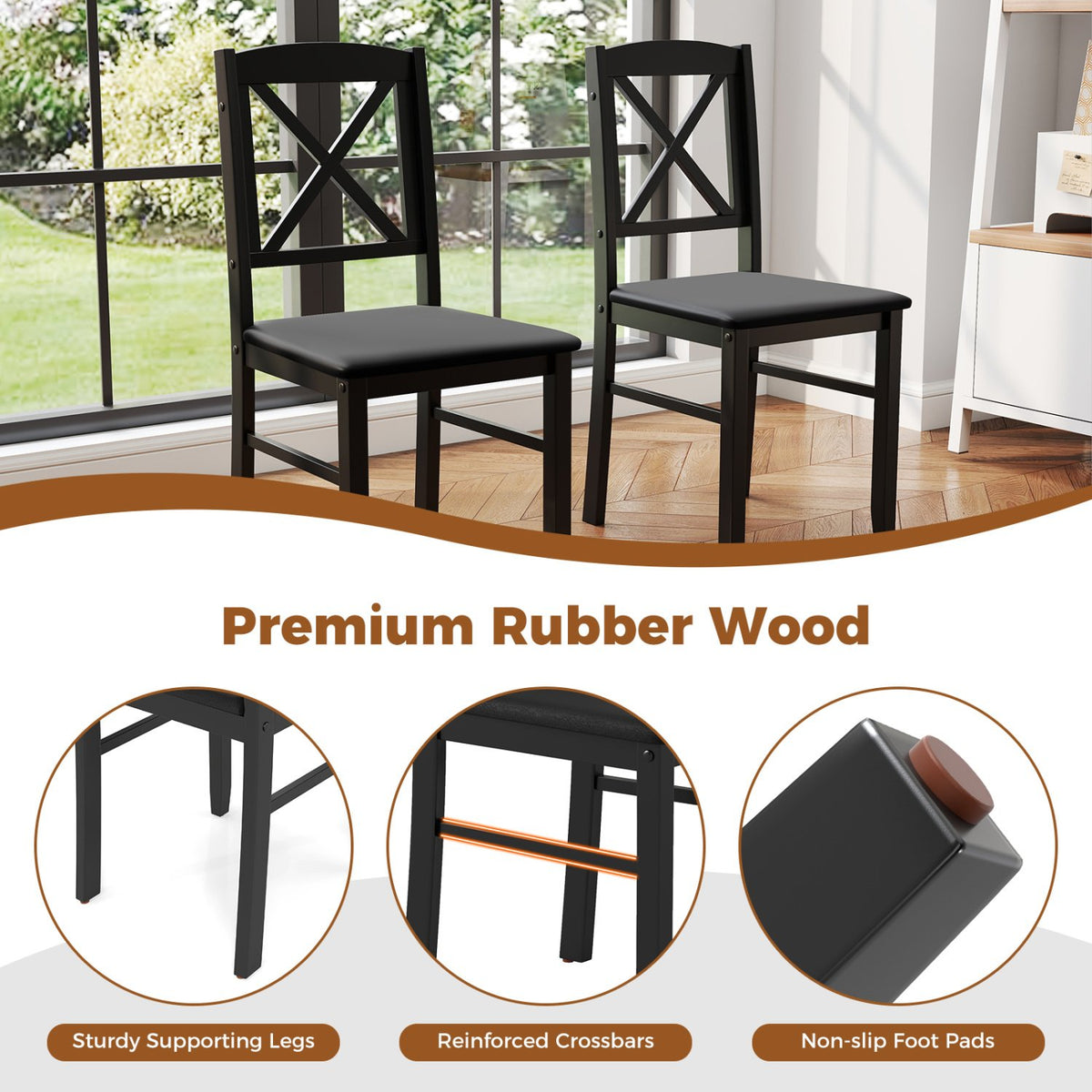 3-Piece Dining Table Set Wooden Square Kitchen Table for 2 People-Brown view 9