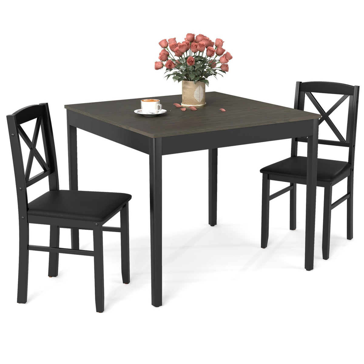 3-Piece Dining Table Set Wooden Square Kitchen Table for 2 People-Gray