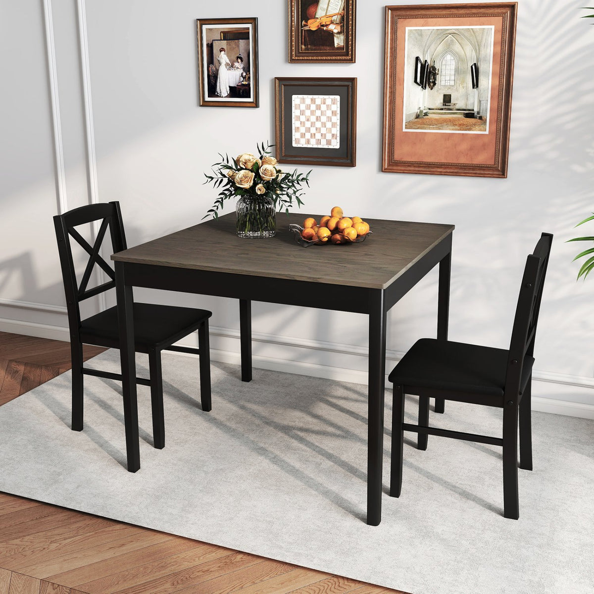 3-Piece Dining Table Set Wooden Square Kitchen Table for 2 People-Gray view 3