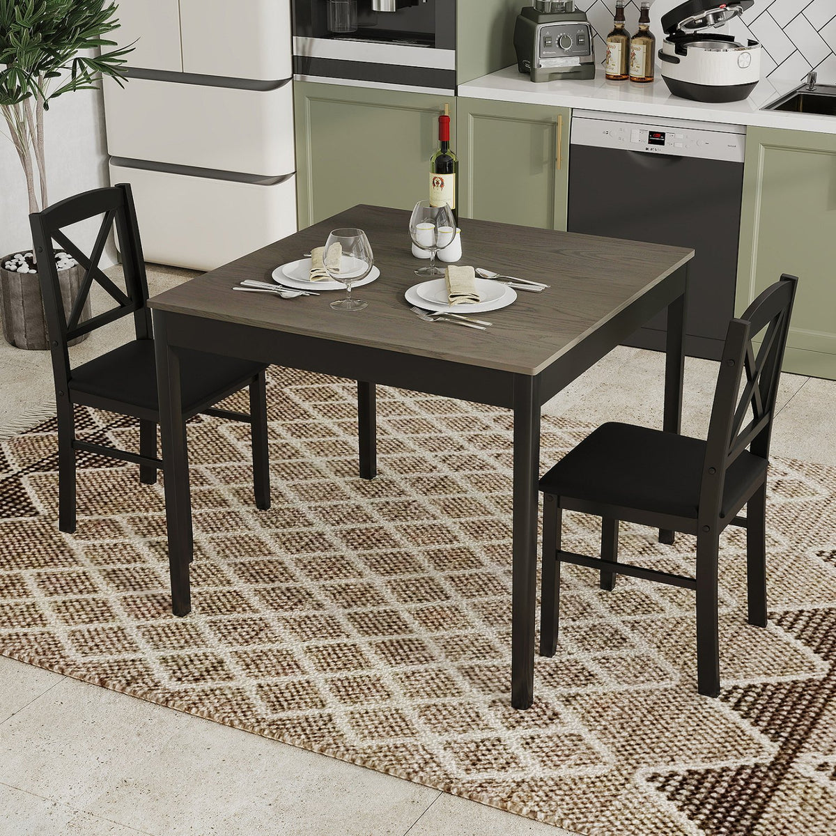 3-Piece Dining Table Set Wooden Square Kitchen Table for 2 People-Gray view 6