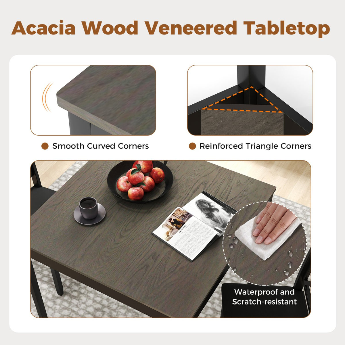 3-Piece Dining Table Set Wooden Square Kitchen Table for 2 People-Gray view 7