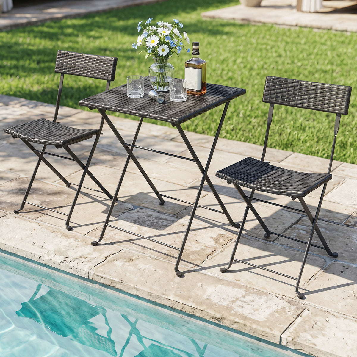 3-Piece Folding Bistro Set with PE Wicker and X-Shaped Metal Frame-Black view 2
