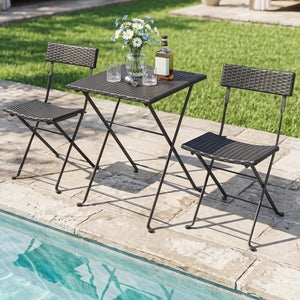 3-Piece Folding Bistro Set with PE Wicker and X-Shaped Metal Frame-Black view 2