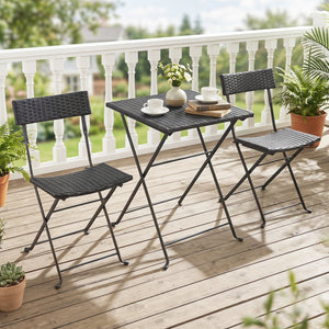3-Piece Folding Bistro Set with PE Wicker and X-Shaped Metal Frame-Black view 3