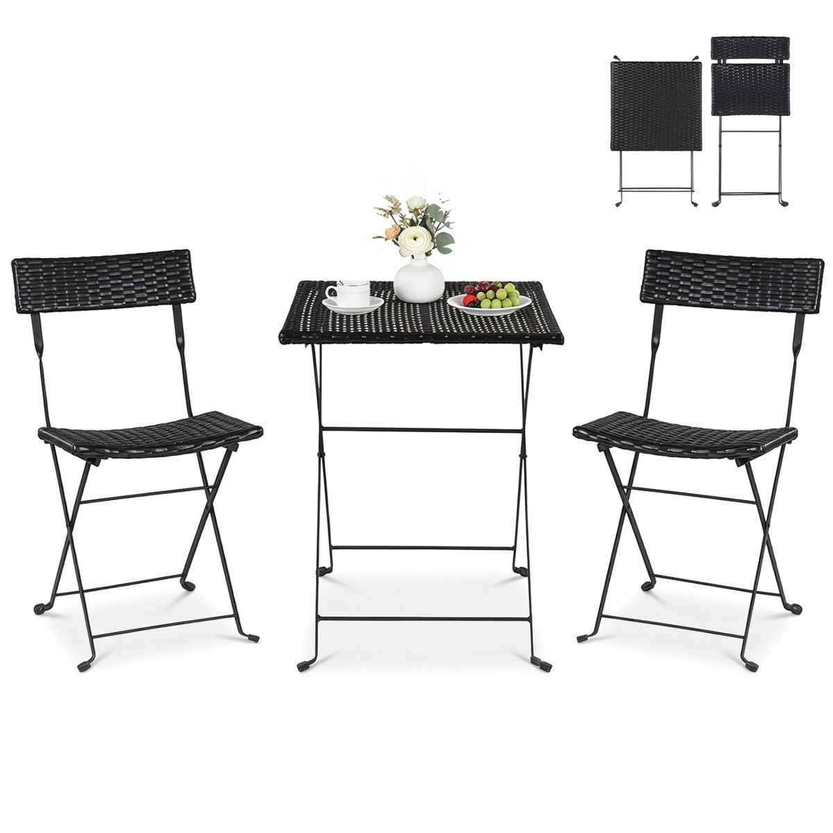 3-Piece Folding Bistro Set with PE Wicker and X-Shaped Metal Frame-Black view 4