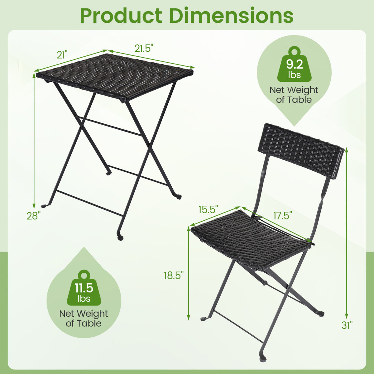 3-Piece Folding Bistro Set with PE Wicker and X-Shaped Metal Frame-Black view 5