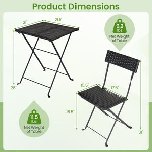 3-Piece Folding Bistro Set with PE Wicker and X-Shaped Metal Frame-Black view 5