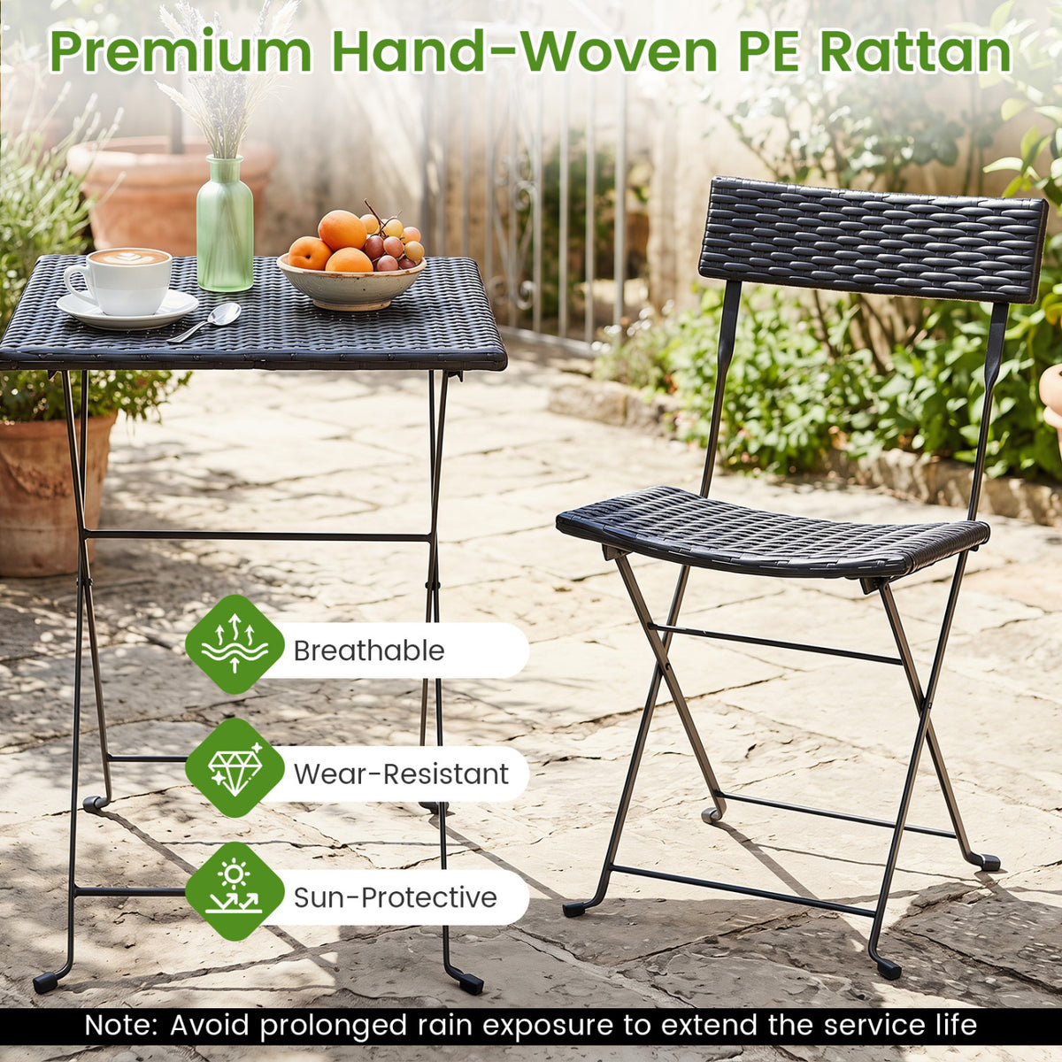 3-Piece Folding Bistro Set with PE Wicker and X-Shaped Metal Frame-Black view 8