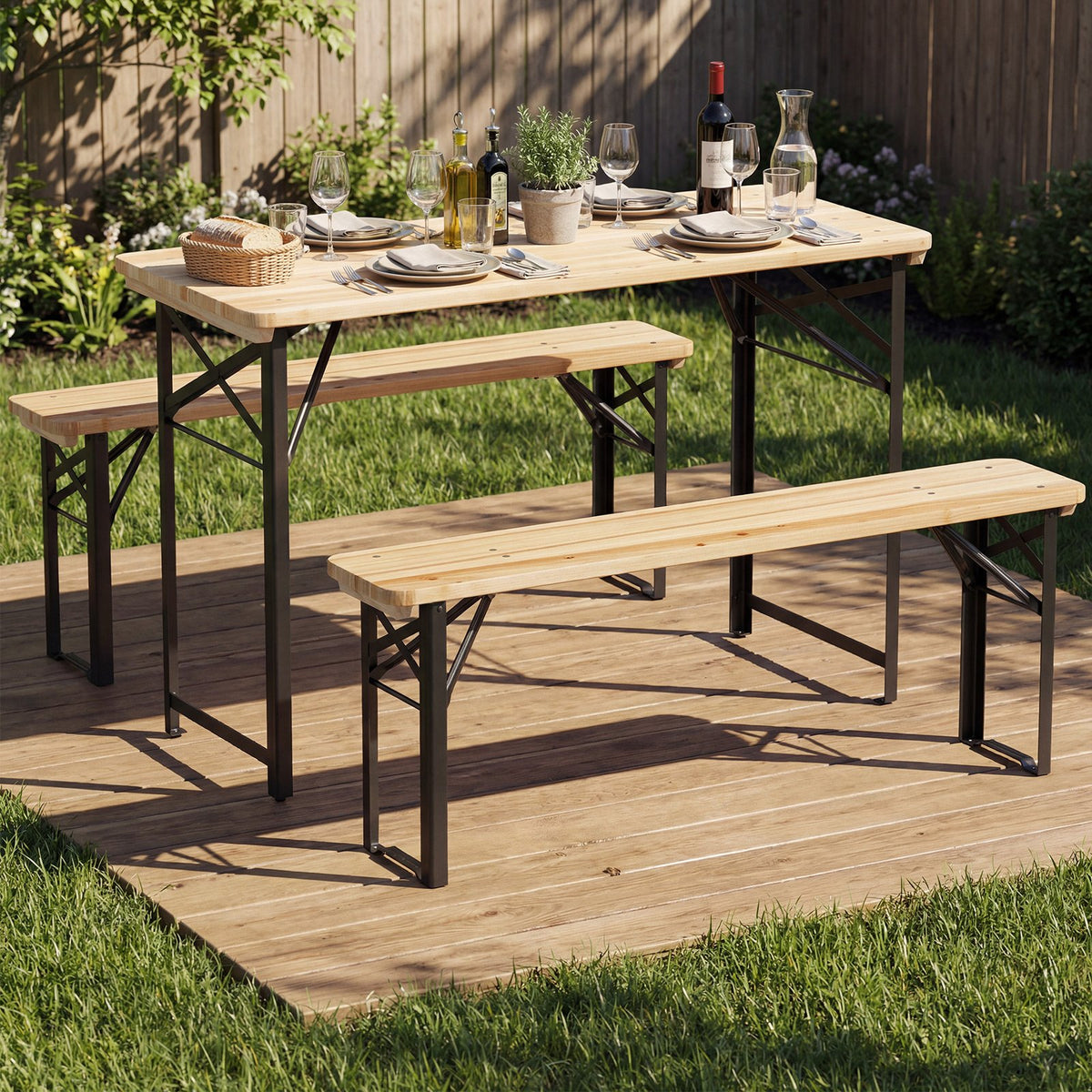 3-Piece Folding Picnic Table with Benches Fir Wood Portable Bear Camping SET-Natural view 2