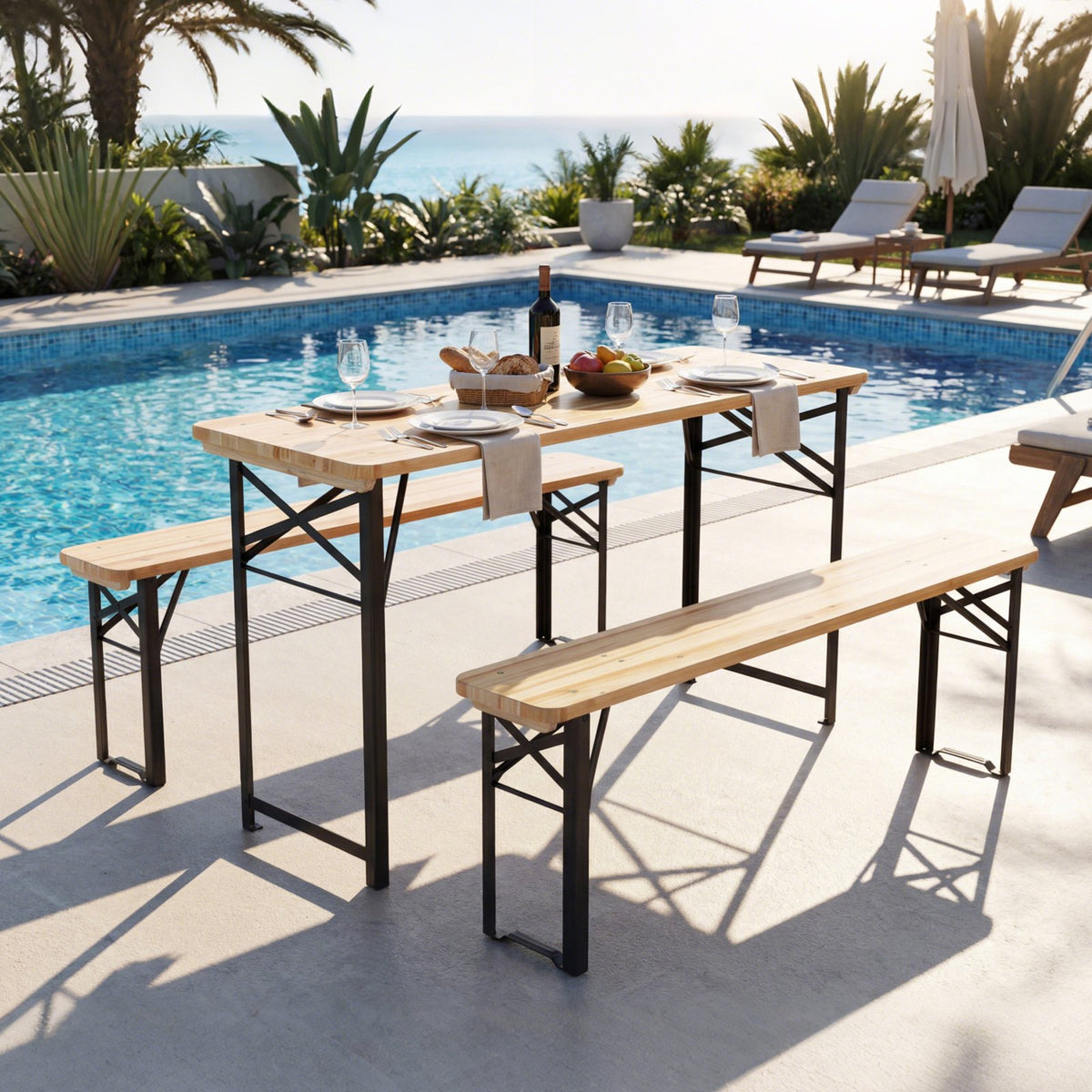 3-Piece Folding Picnic Table with Benches Fir Wood Portable Bear Camping SET-Natural view 3