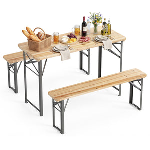 3-Piece Folding Picnic Table with Benches Fir Wood Portable Bear Camping SET-Natural view 4