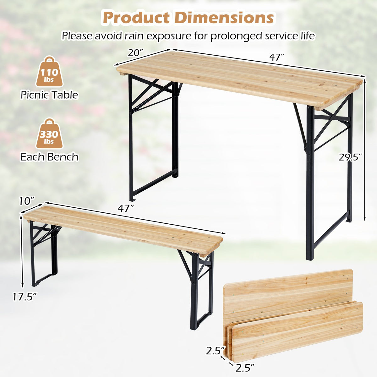 3-Piece Folding Picnic Table with Benches Fir Wood Portable Bear Camping SET-Natural view 5