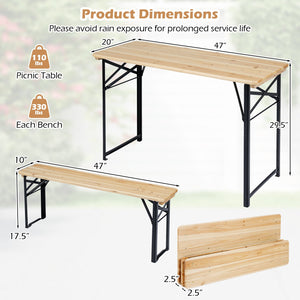 3-Piece Folding Picnic Table with Benches Fir Wood Portable Bear Camping SET-Natural view 5