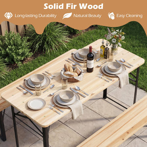 3-Piece Folding Picnic Table with Benches Fir Wood Portable Bear Camping SET-Natural view 8