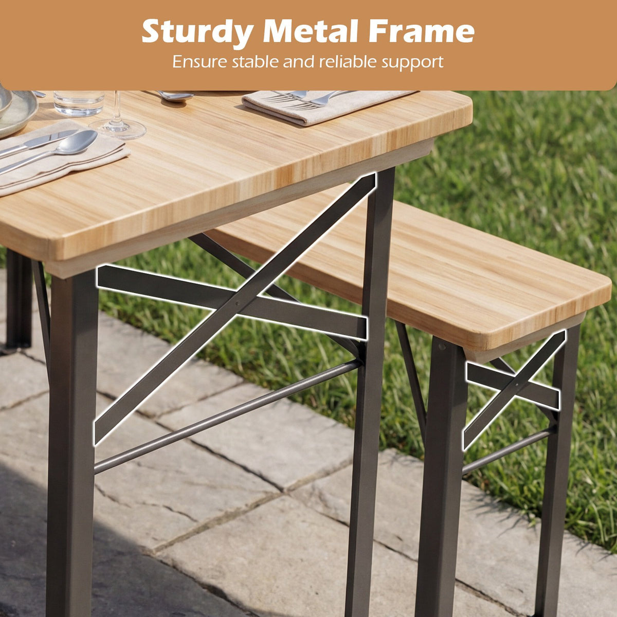 3-Piece Folding Picnic Table with Benches Fir Wood Portable Bear Camping SET-Natural view 9
