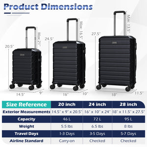 3-Piece Hardside Luggage Set Lightweight Hardside Suitcases with 8-Spinner Wheels-Black view 5
