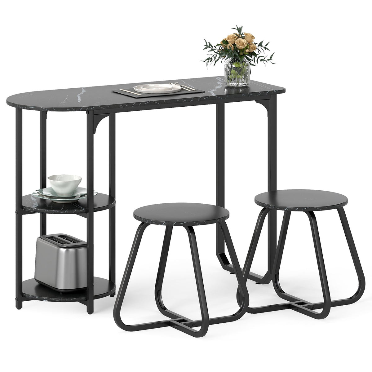 3-Piece Industrial Dining Table Set for Small Space-Black