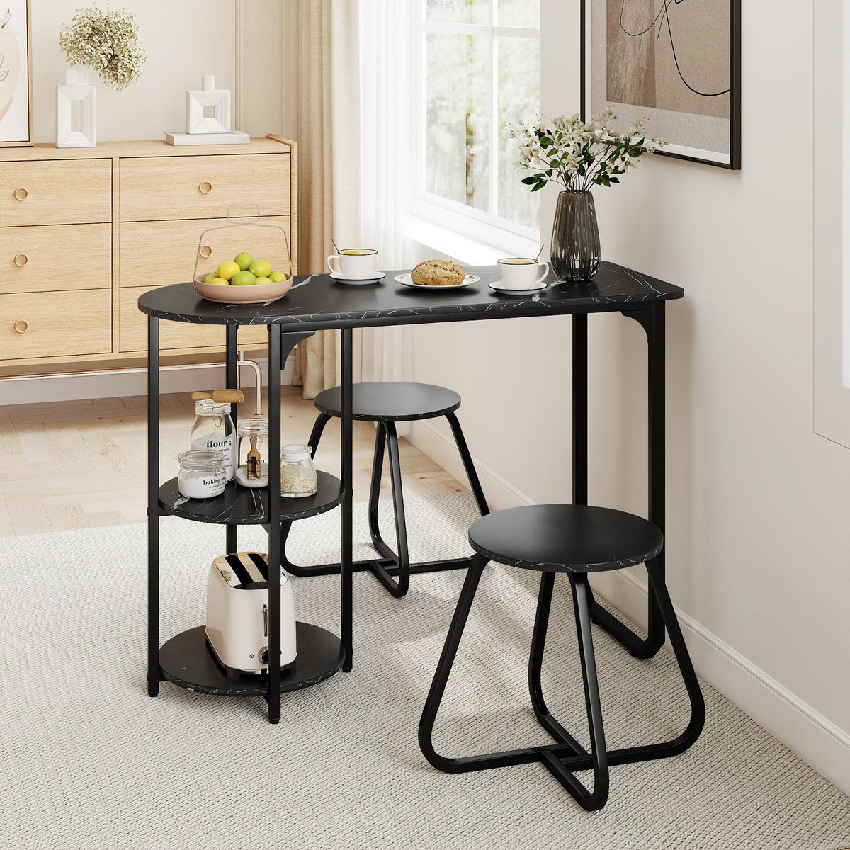 3-Piece Industrial Dining Table Set for Small Space-Black view 2