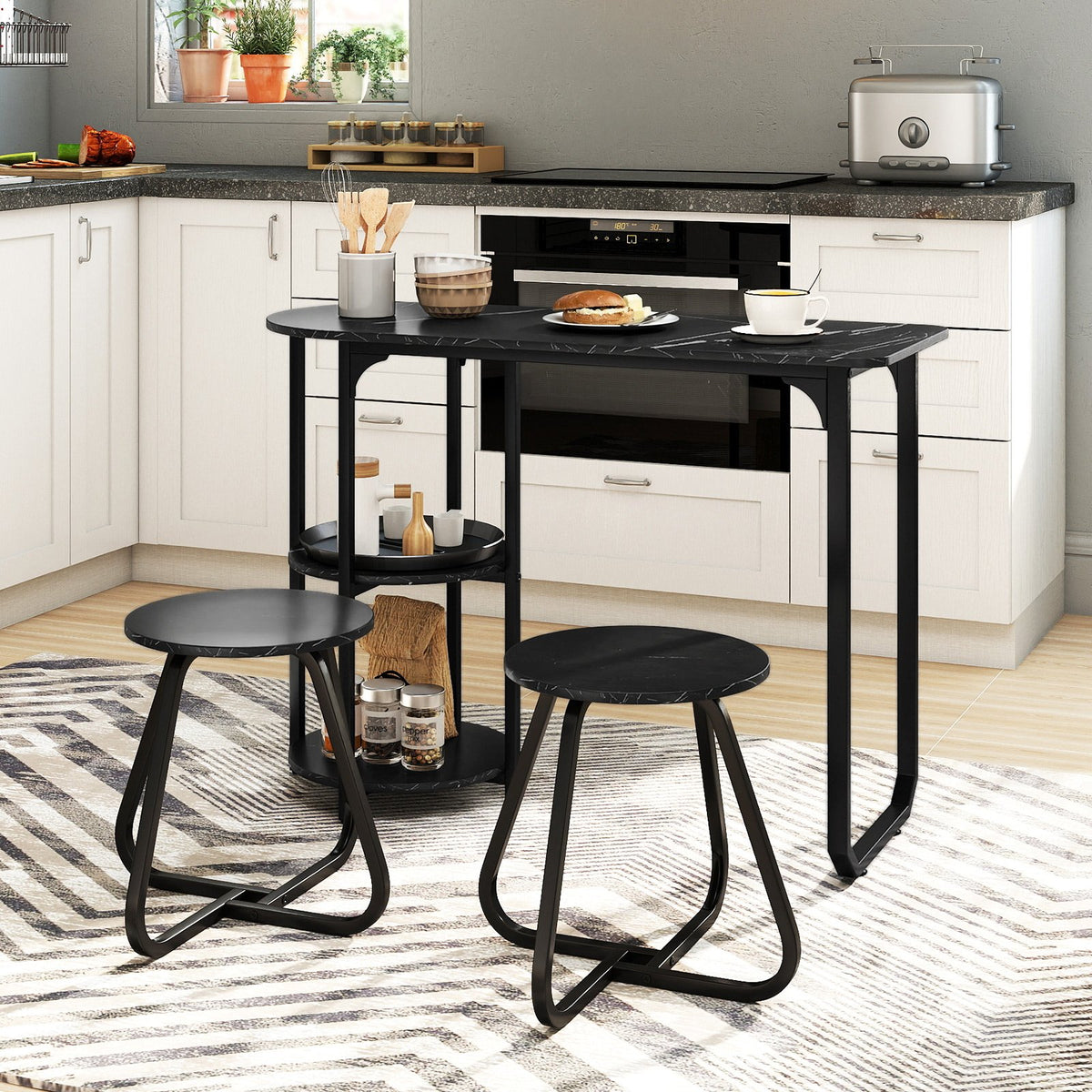 3-Piece Industrial Dining Table Set for Small Space-Black view 3