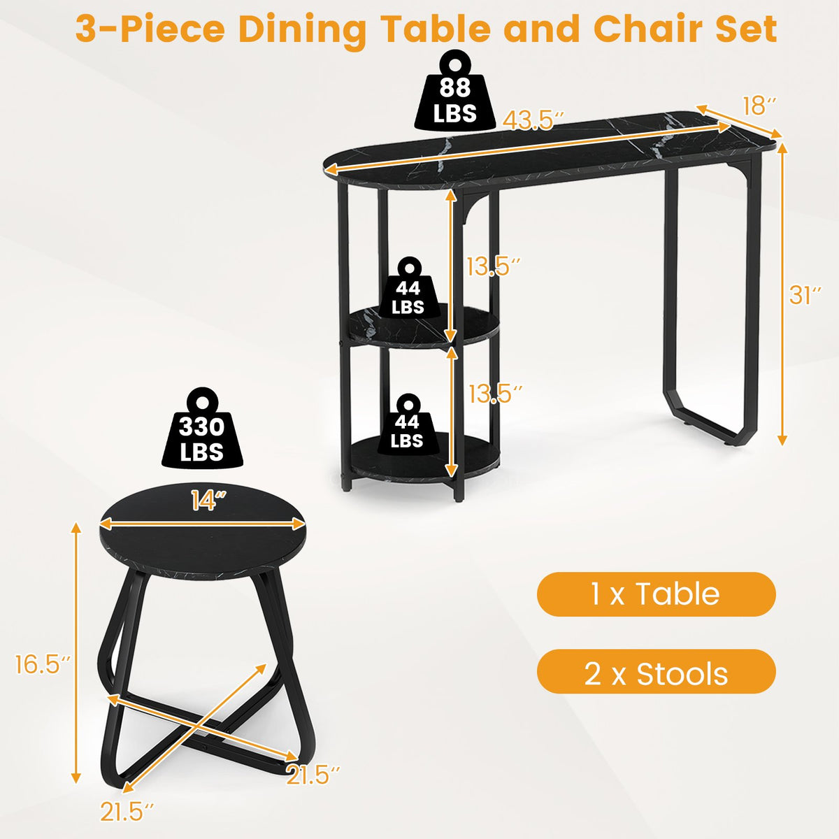 3-Piece Industrial Dining Table Set for Small Space-Black view 5