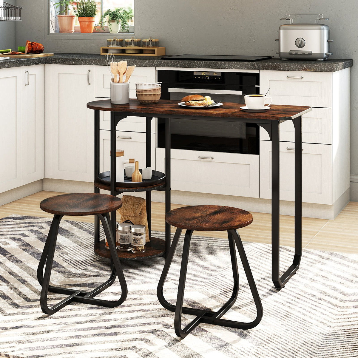 3-Piece Industrial Dining Table Set for Small Space-Rustic Brown view 2