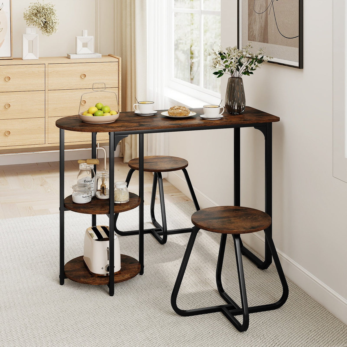 3-Piece Industrial Dining Table Set for Small Space-Rustic Brown view 3
