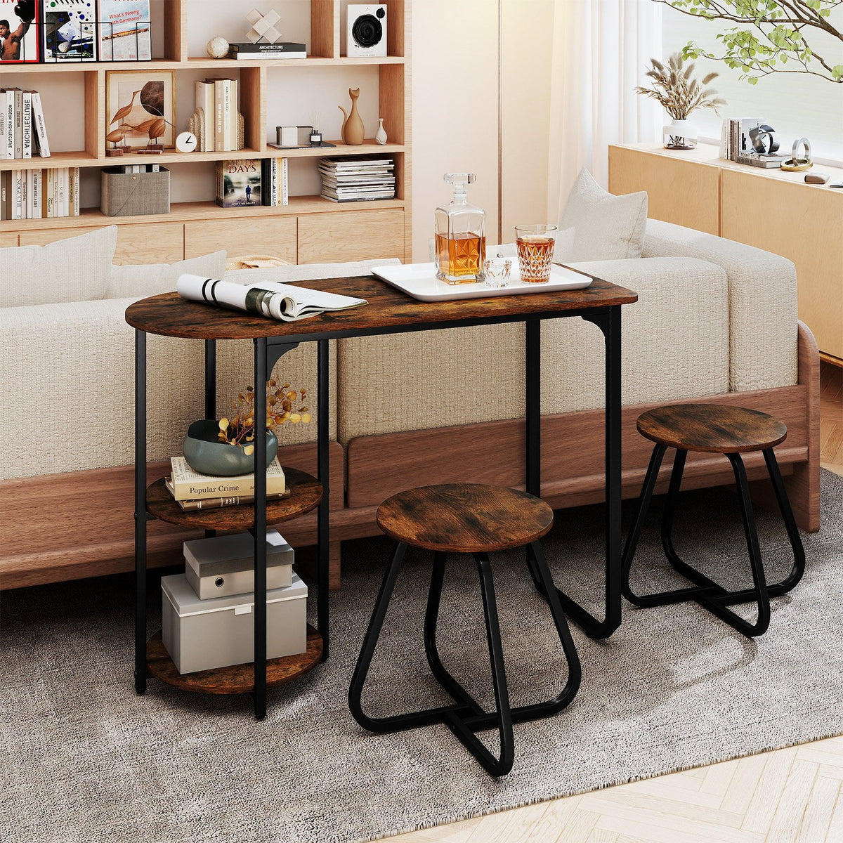 3-Piece Industrial Dining Table Set for Small Space-Rustic Brown view 6
