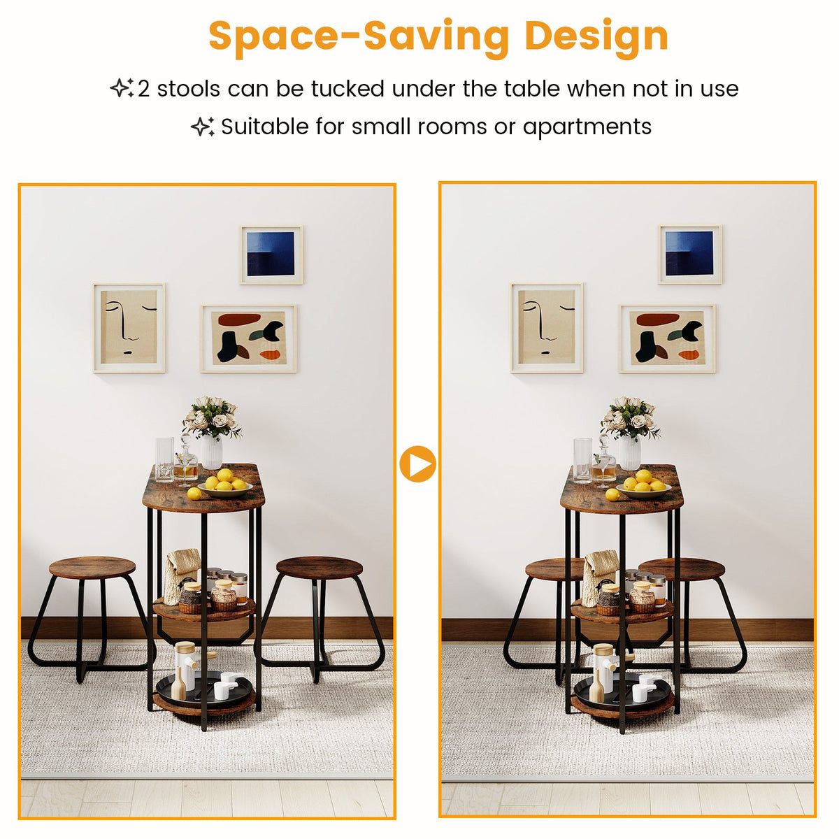 3-Piece Industrial Dining Table Set for Small Space-Rustic Brown view 7