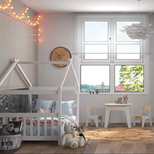 3-Piece Kid’s Room Bundle: Twin Size Wooden House Bed + Kid's Table and Chairs Set + Kids 2-Shelf Bookcase