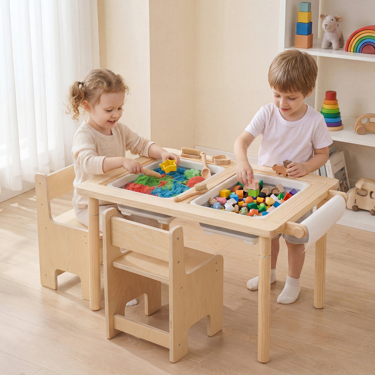 3-Piece Kids Activity Table and Chair Set with Adjustable Height-Natural view 2