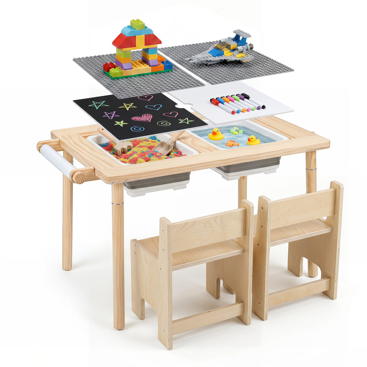 3-Piece Kids Activity Table and Chair Set with Adjustable Height-Natural view 3