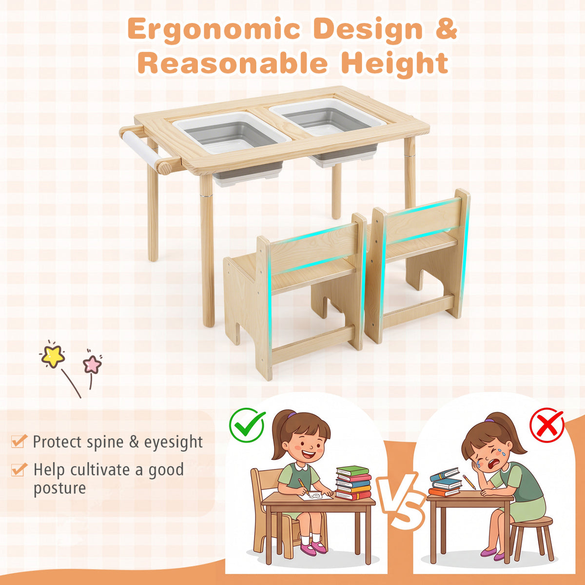 3-Piece Kids Activity Table and Chair Set with Adjustable Height-Natural view 5