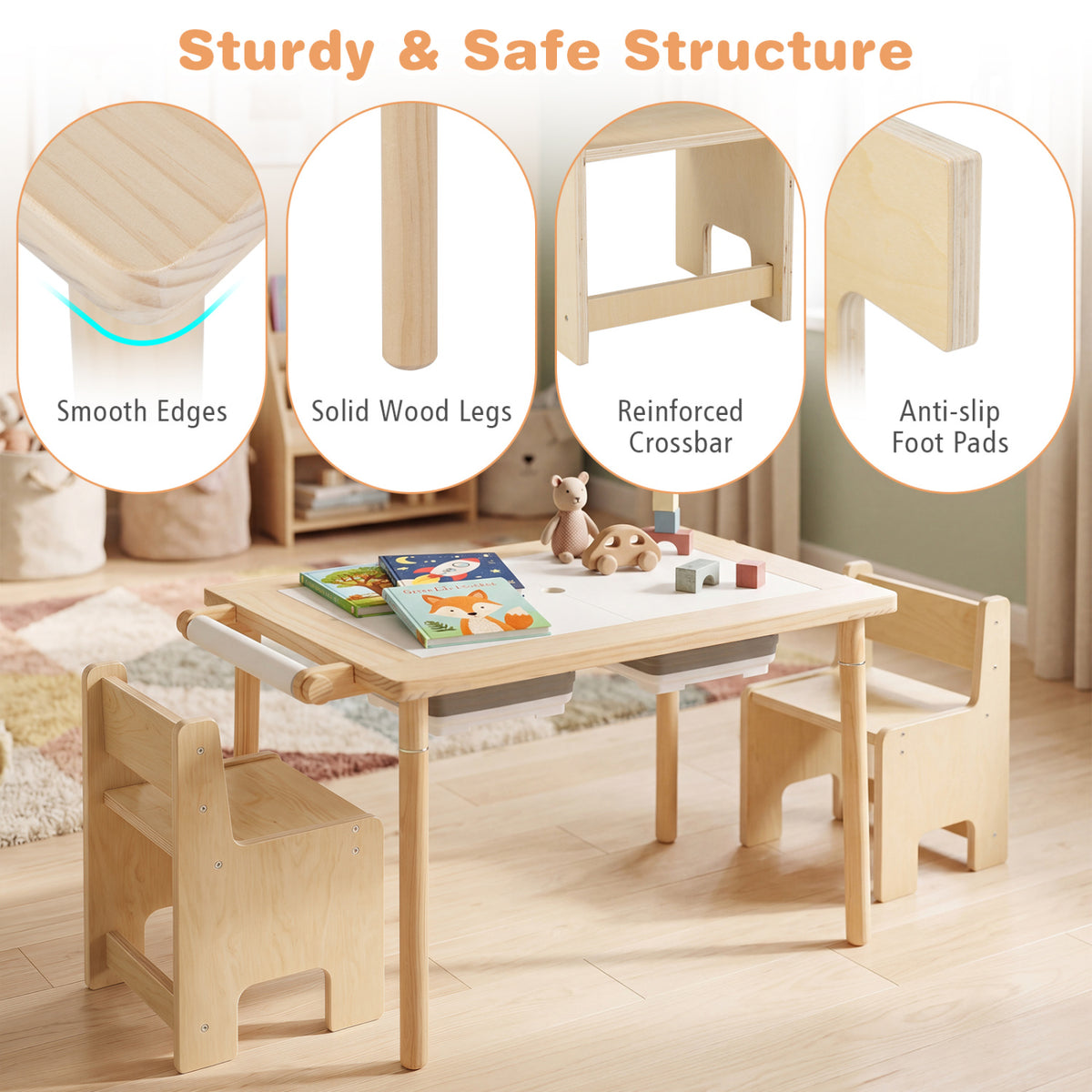 3-Piece Kids Activity Table and Chair Set with Adjustable Height-Natural view 8
