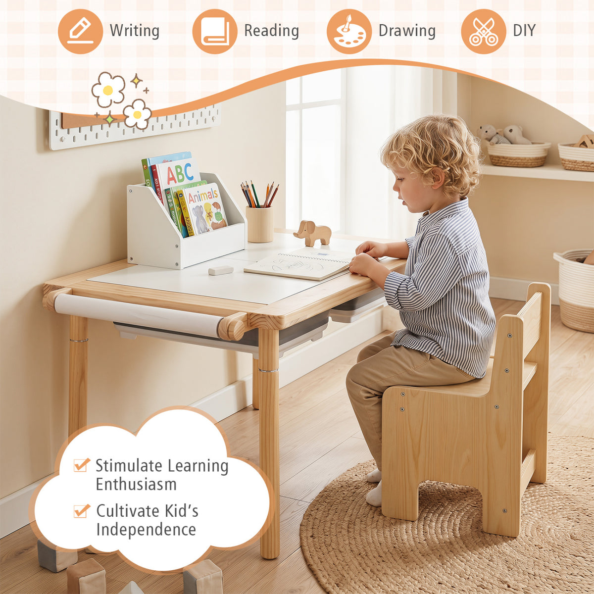 3-Piece Kids Activity Table and Chair Set with Adjustable Height-Natural view 9