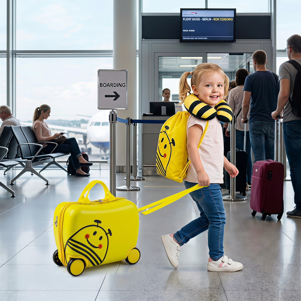 3-Piece Kids Carry-on Luggage Set with Headrest and Backpack for Travel-Yellow view 2