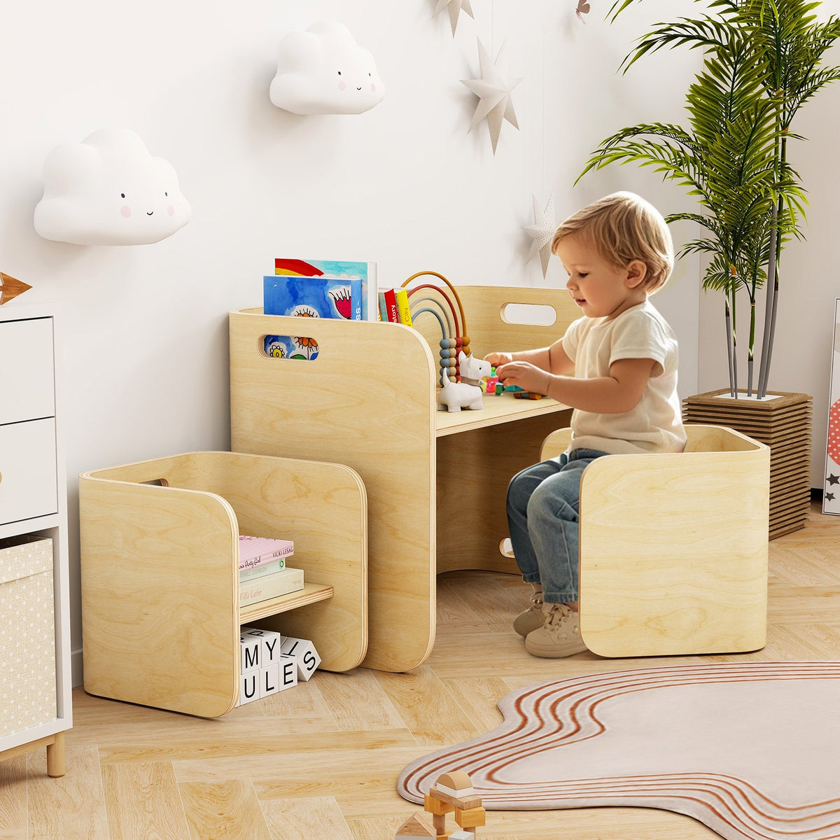 3 Pieces Kids Wooden Table and Chair Set-Natural view 3