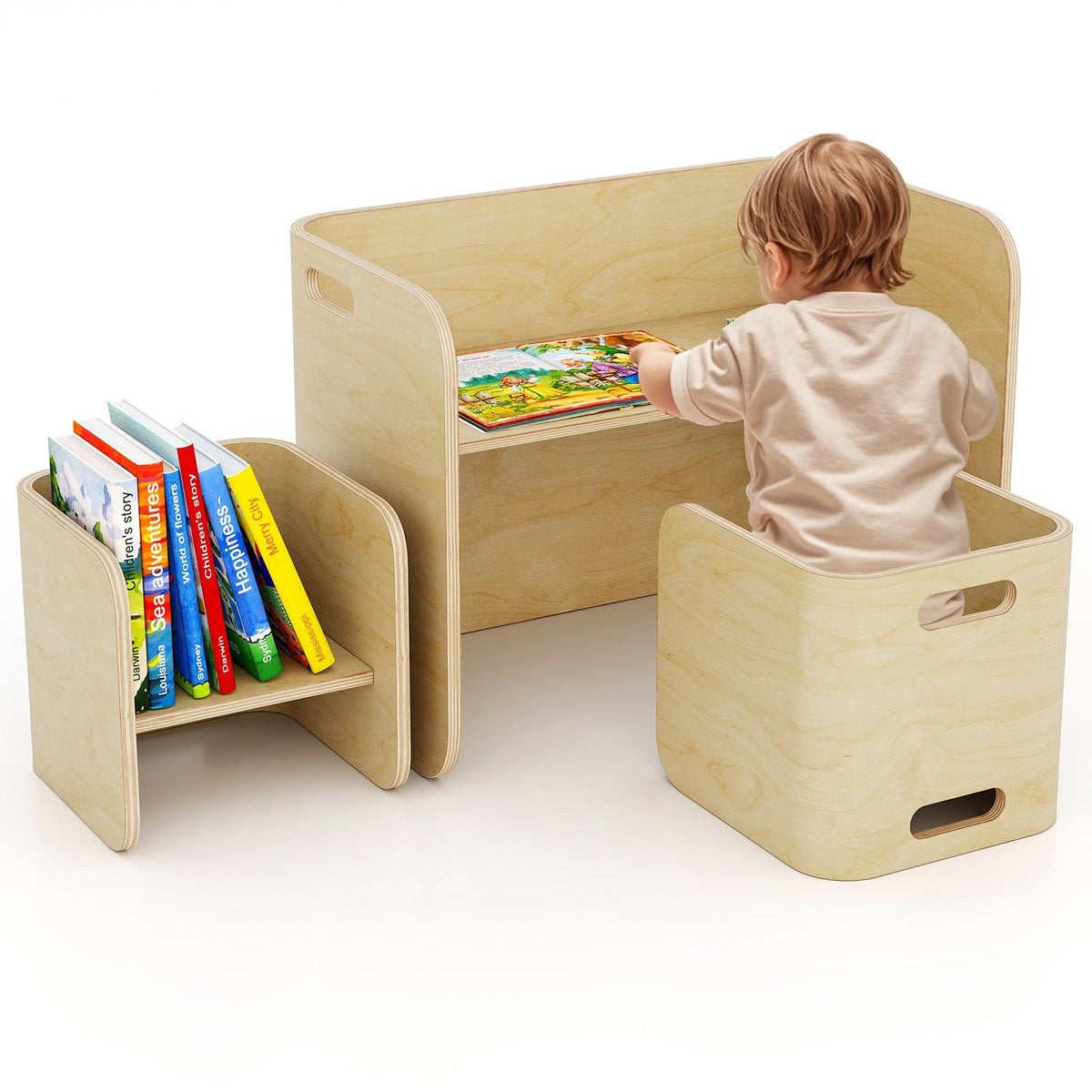 3 Pieces Kids Wooden Table and Chair Set-Natural view 4