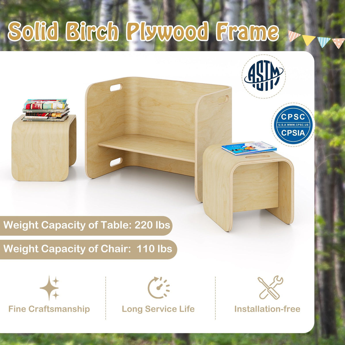 3 Pieces Kids Wooden Table and Chair Set-Natural view 7