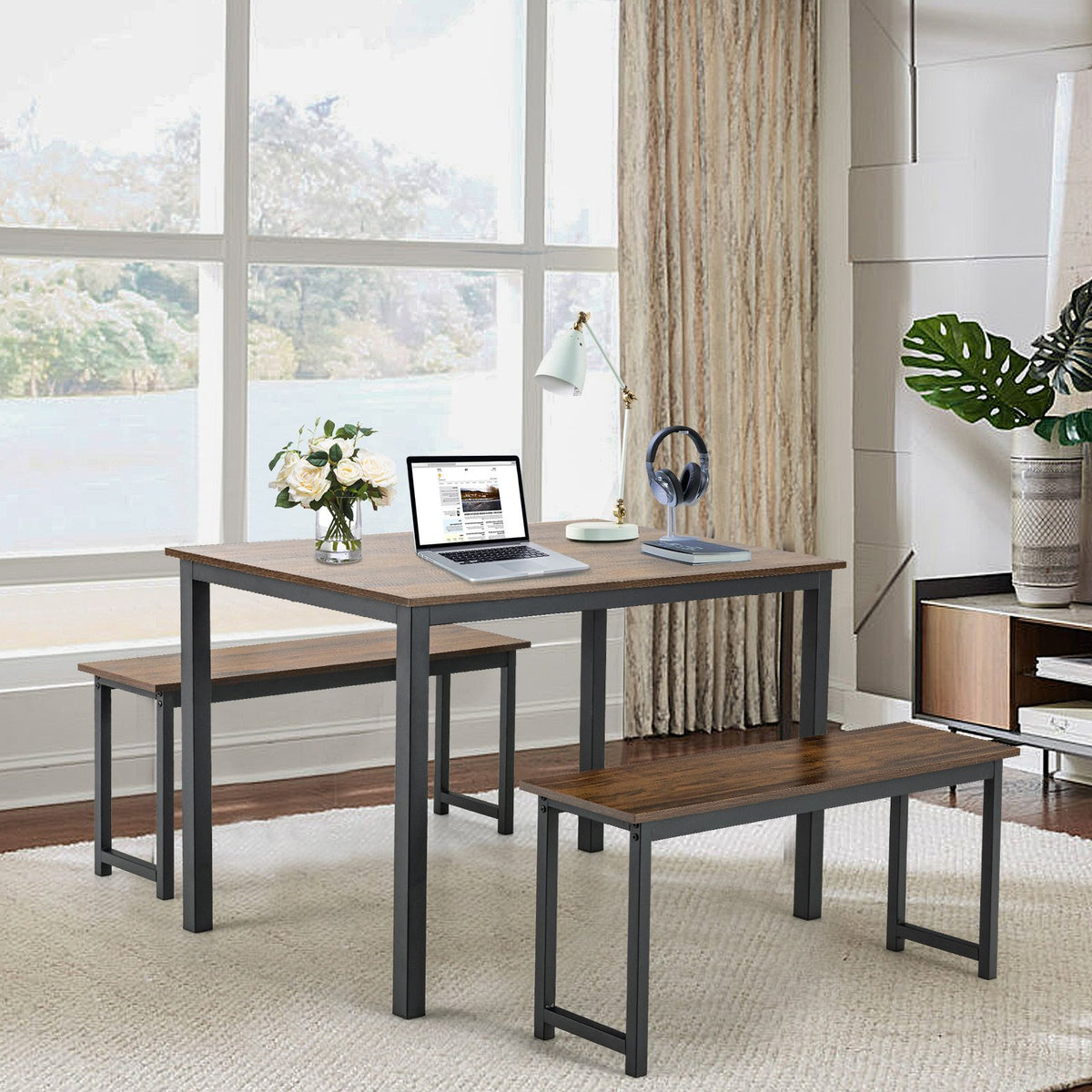 3 Pieces Dining Table Set with 2 Benches for Dining Room Kitchen Bar-Brown view 2