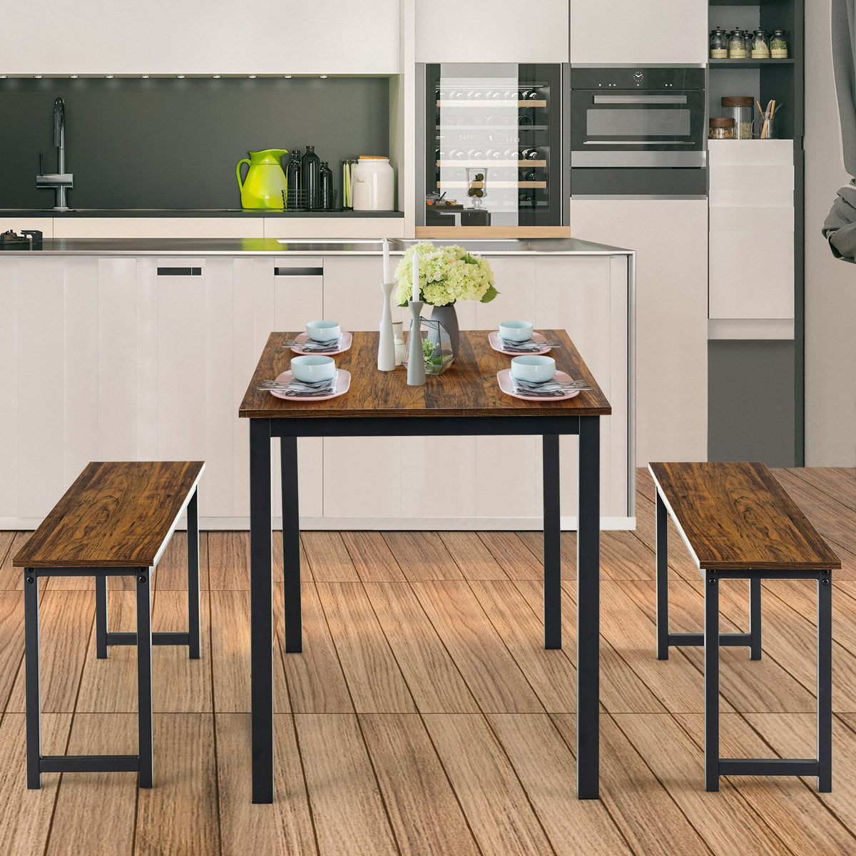 3 Pieces Dining Table Set with 2 Benches for Dining Room Kitchen Bar-Brown view 3