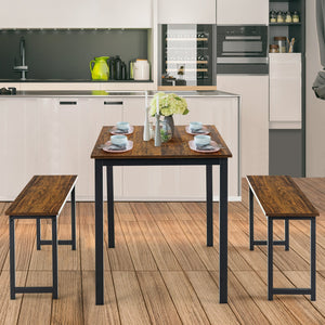 3 Pieces Dining Table Set with 2 Benches for Dining Room Kitchen Bar-Brown view 3