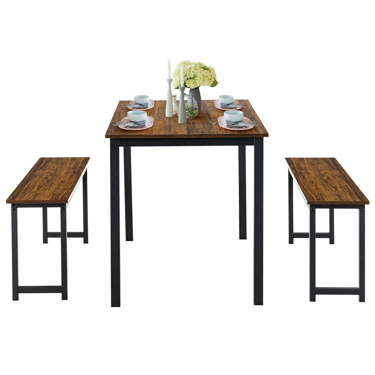 3 Pieces Dining Table Set with 2 Benches for Dining Room Kitchen Bar-Brown view 4