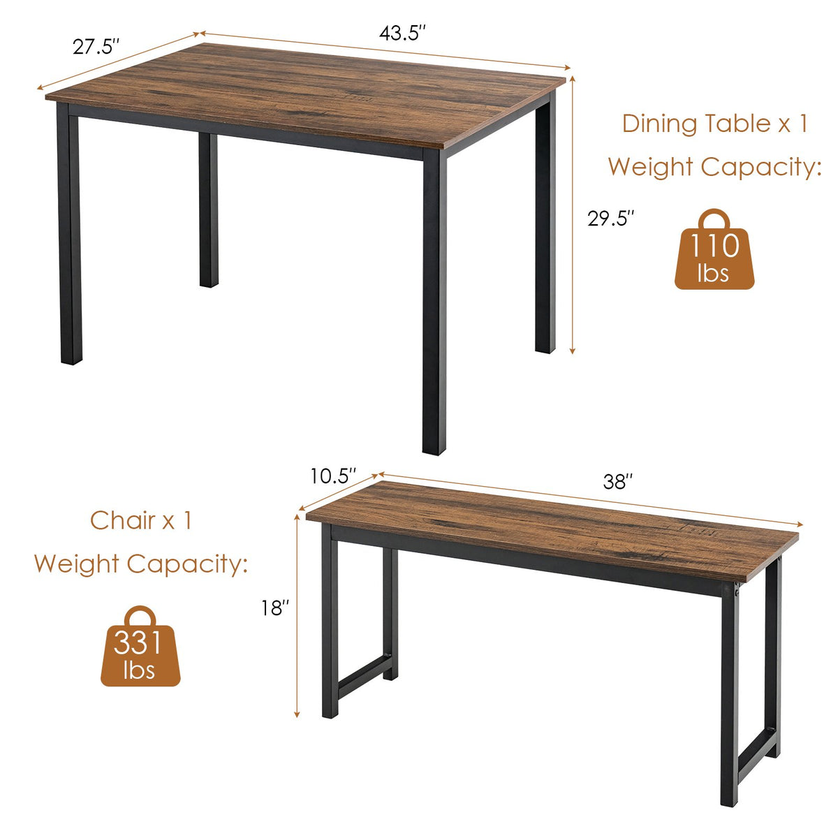 3 Pieces Dining Table Set with 2 Benches for Dining Room Kitchen Bar-Brown view 5