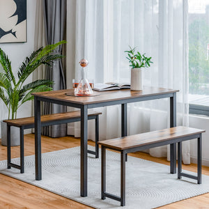 3 Pieces Dining Table Set with 2 Benches for Dining Room Kitchen Bar-Brown view 6
