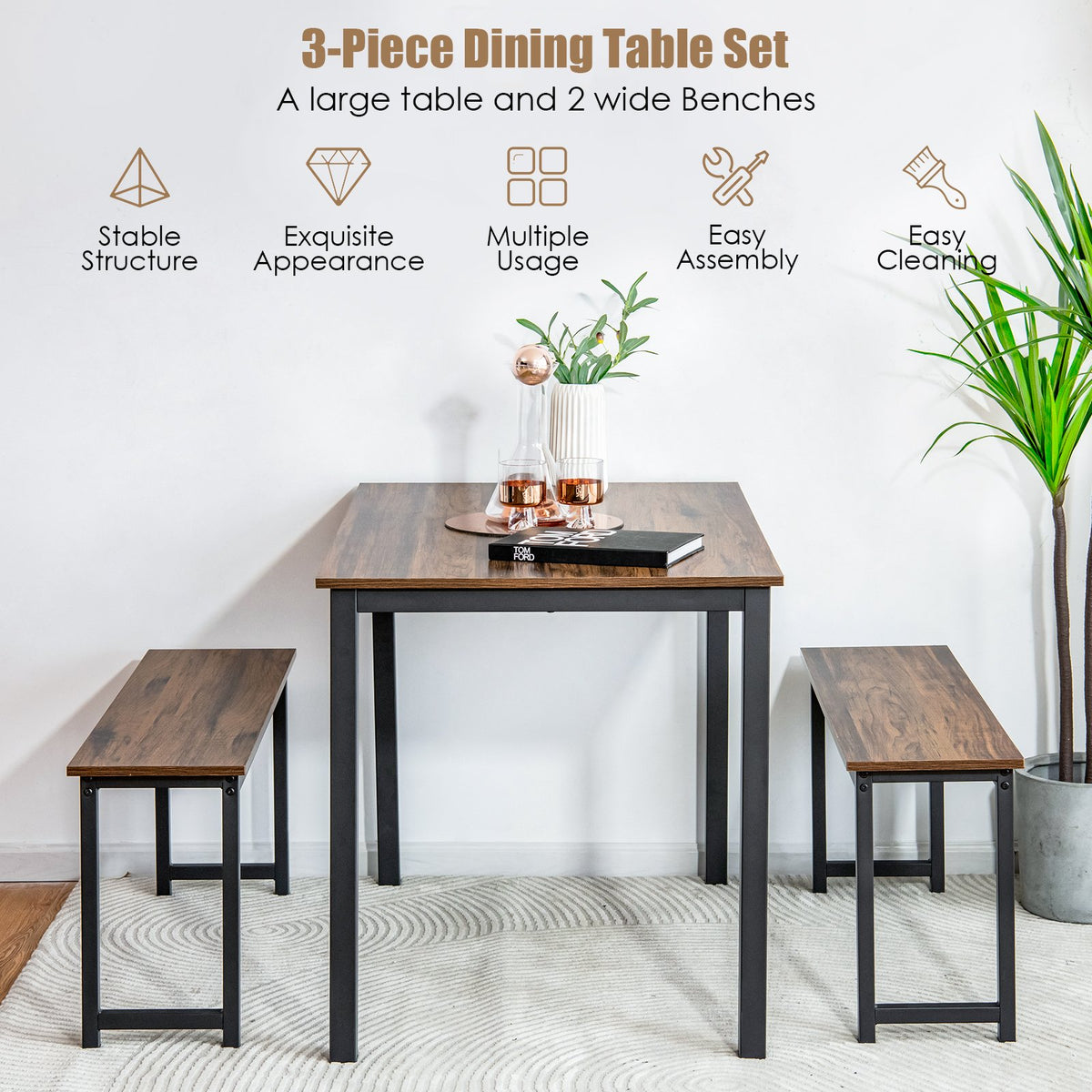 3 Pieces Dining Table Set with 2 Benches for Dining Room Kitchen Bar-Brown view 7