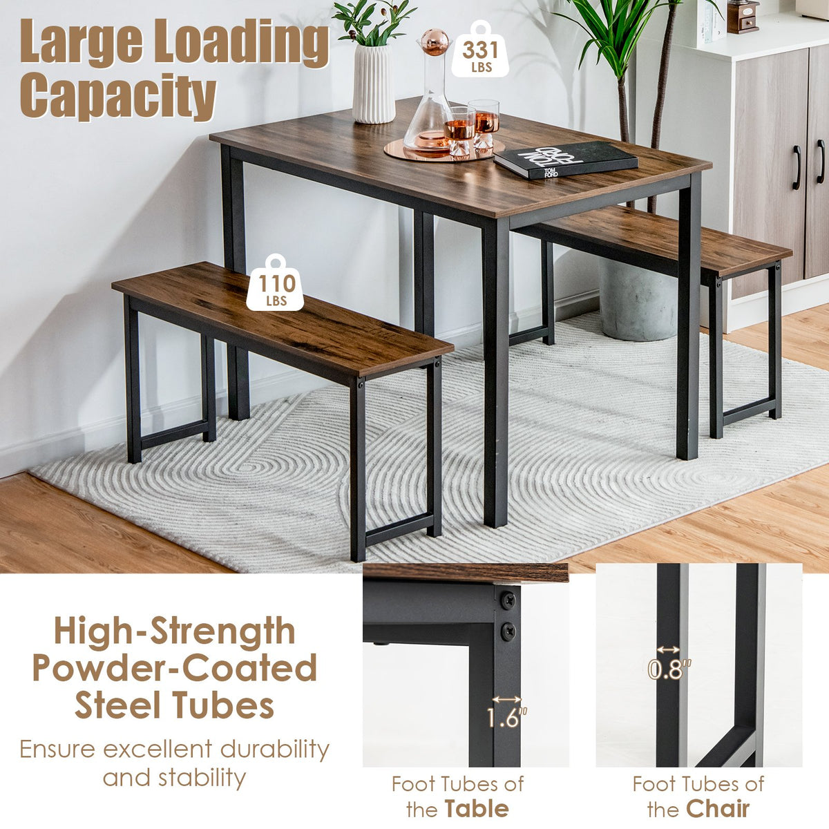 3 Pieces Dining Table Set with 2 Benches for Dining Room Kitchen Bar-Brown view 8