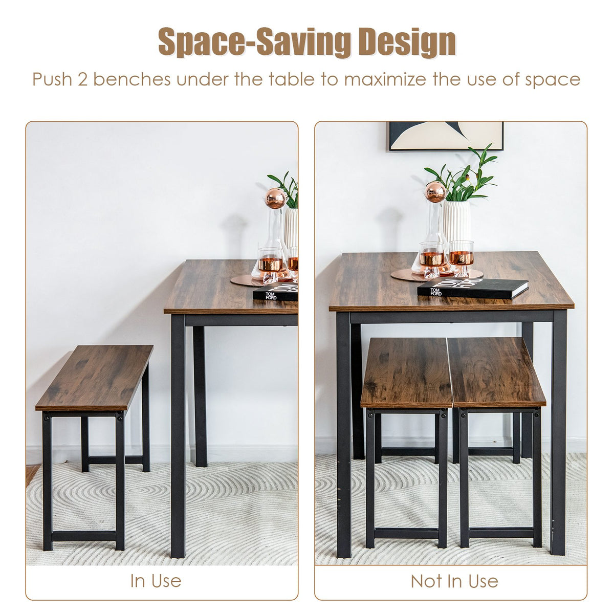 3 Pieces Dining Table Set with 2 Benches for Dining Room Kitchen Bar-Brown view 9