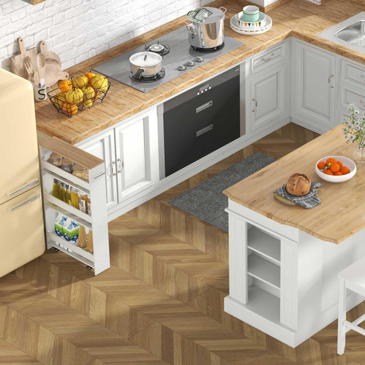 3-Piece Kitchen Furniture Set: Kitchen Island + 2 Bar Stools + Narrow Storage Cart view 2